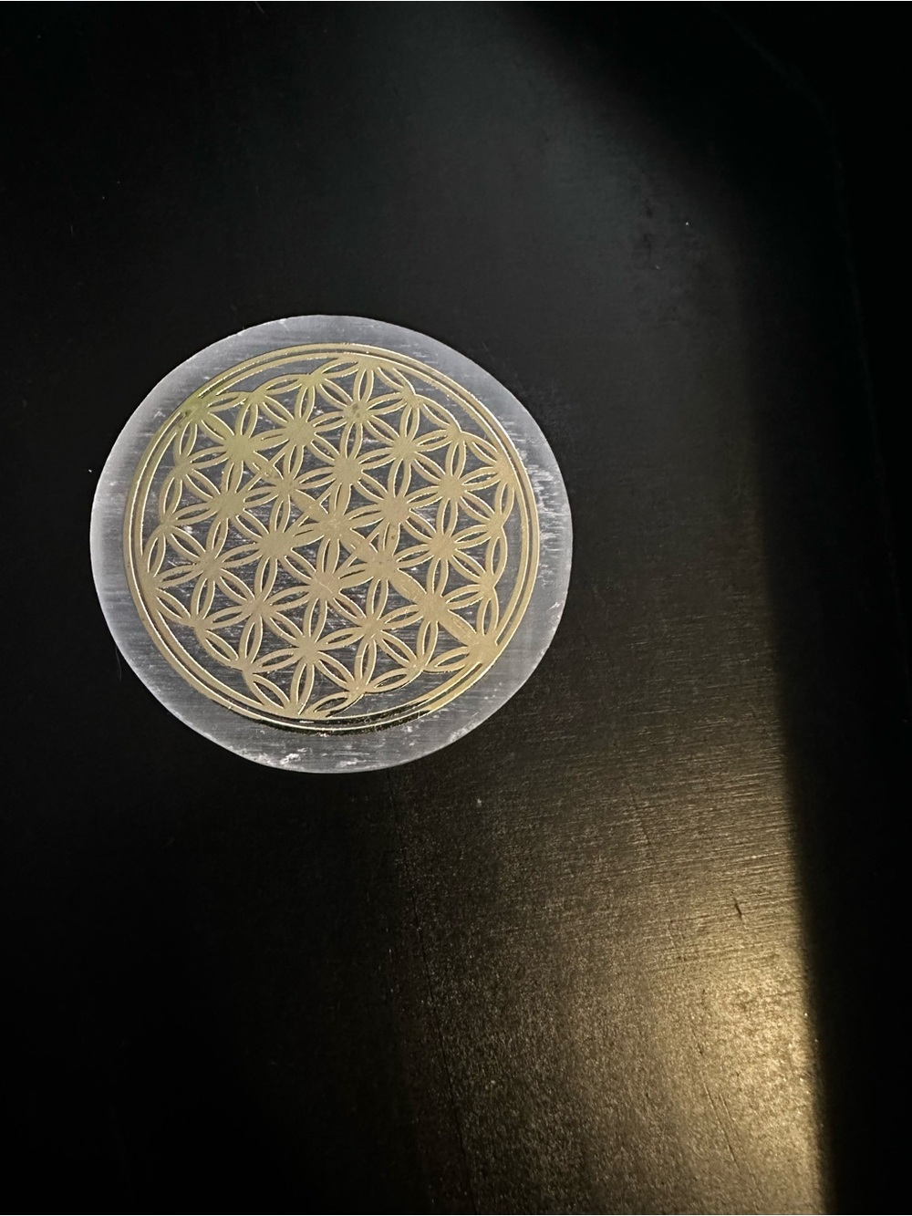 Round Flower of Life Crystal Coaster with Gold Pattern